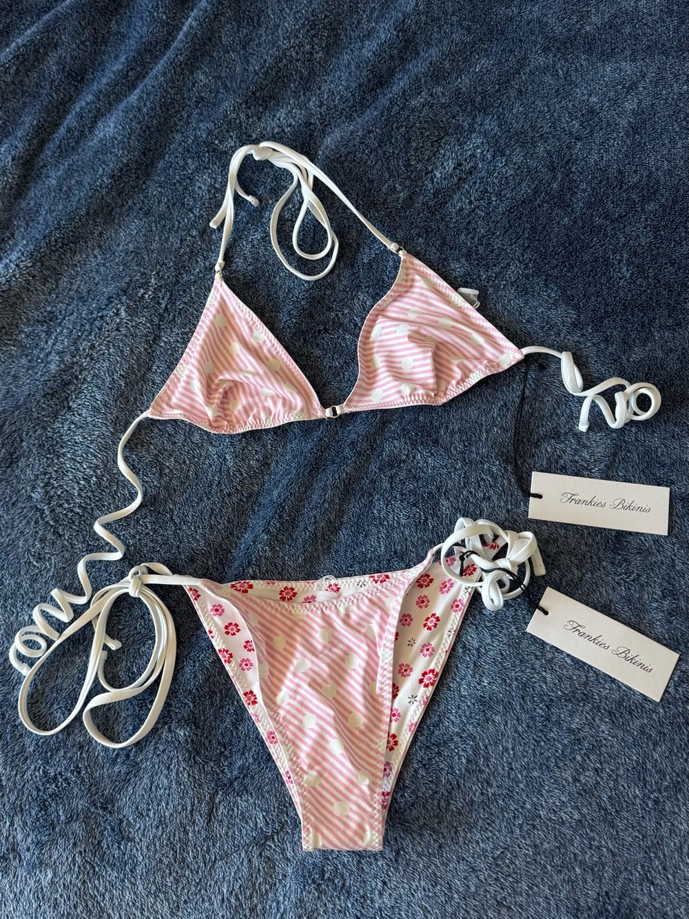 NWT Frankies Bikinis Pink Striped & Floral Triangle Bikini in Sprinkles👙🧁🌸🩷🤍